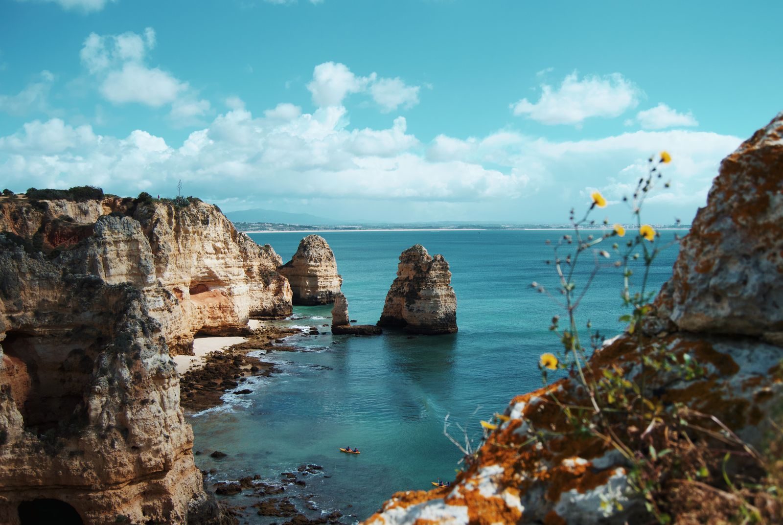 The golden sea stacks and cliffs of Ponta da Piedade near Lagos in the Algarve.