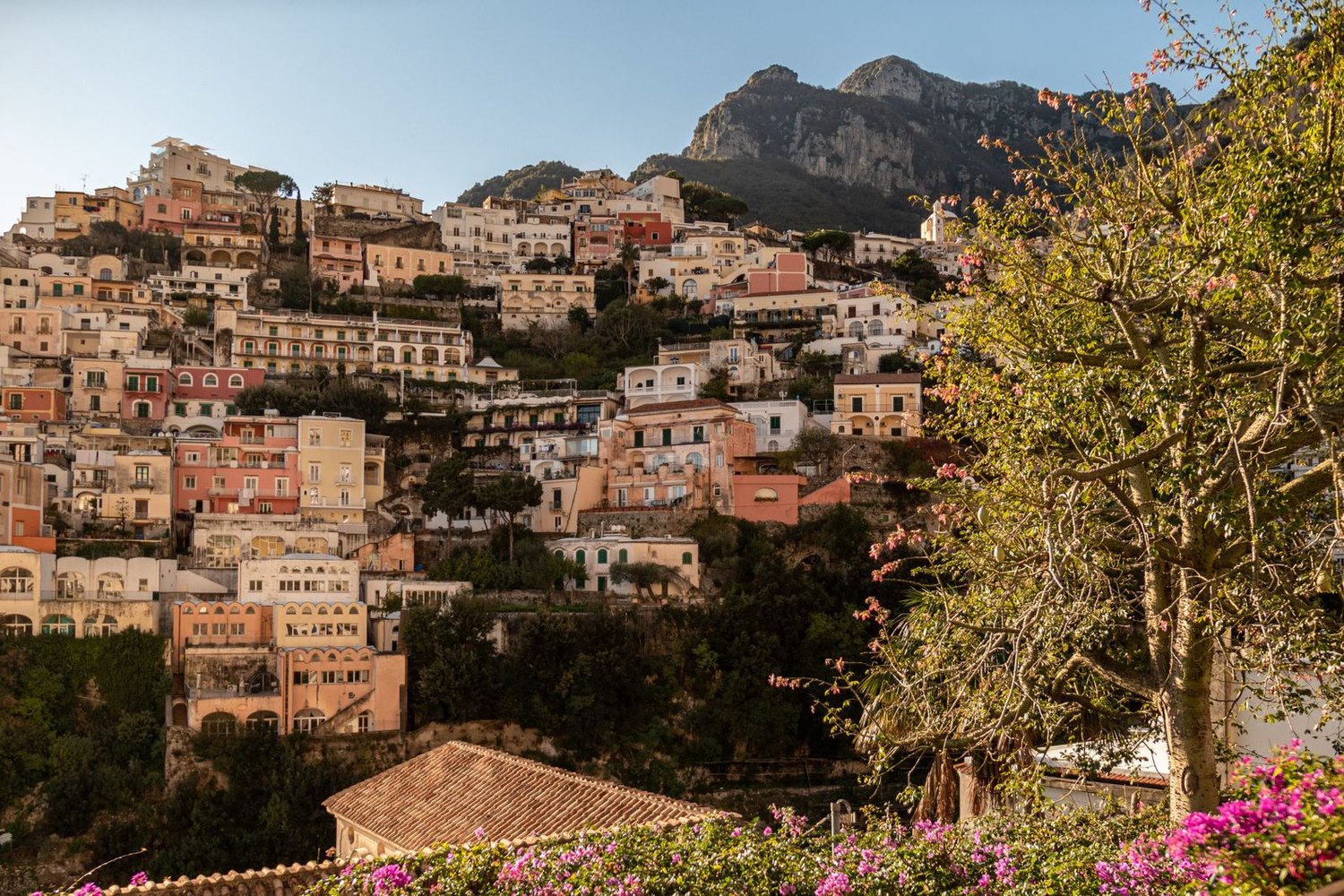 The cliffside town of Positano on the Amalfi Coast, its colored houses tumbling to the sea.
