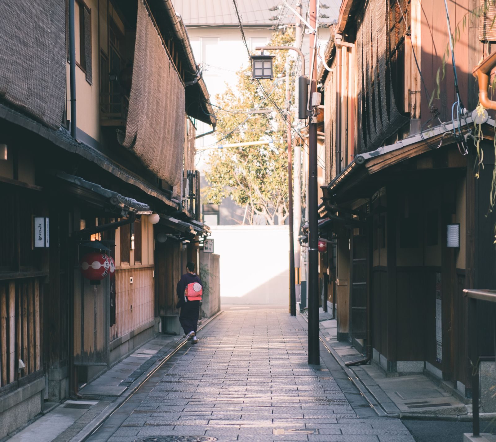 A narrow lane of wooden houses in Gion, Kyoto