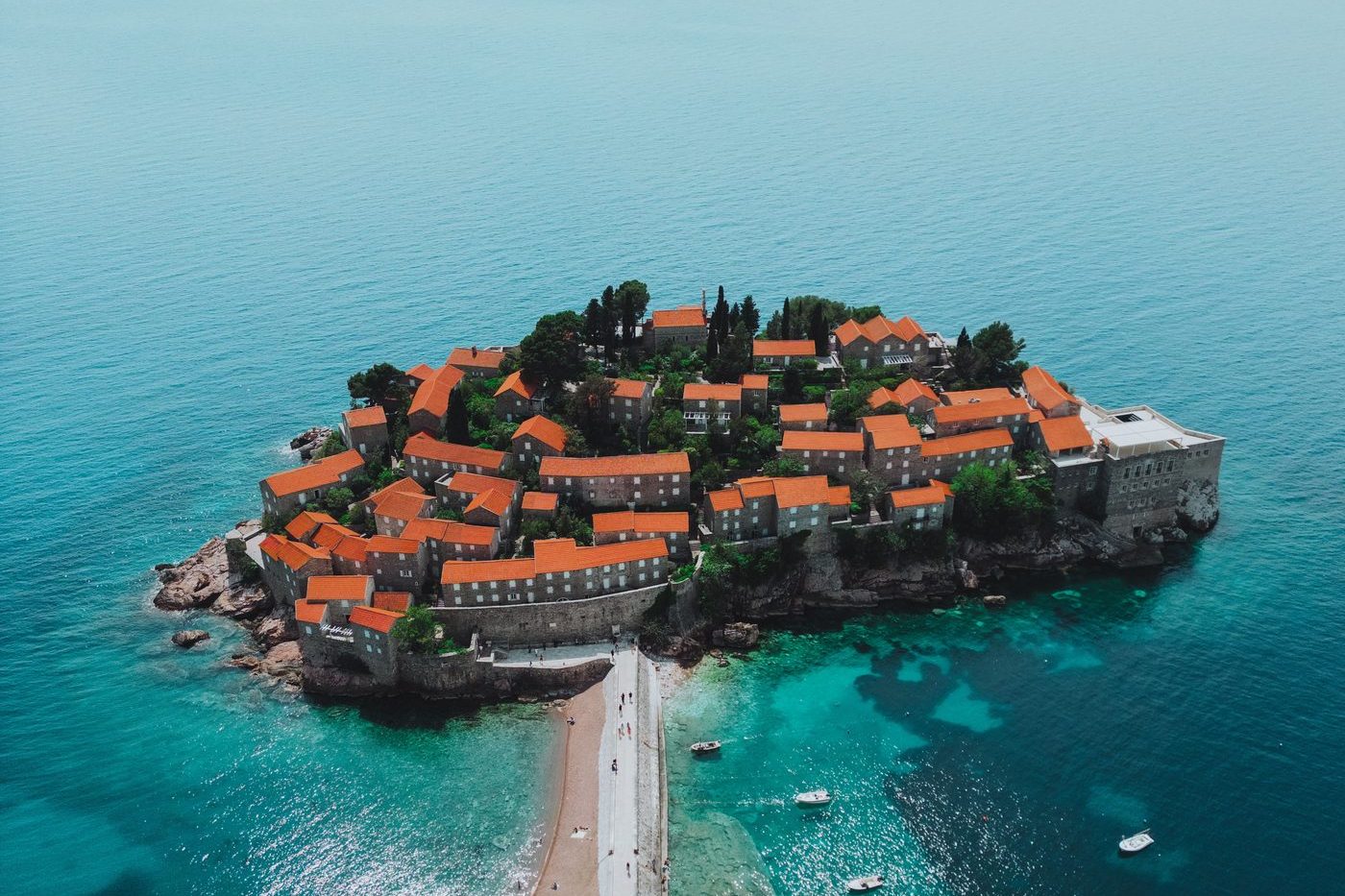 Sveti Stefan islet at sunset on the Montenegro coast