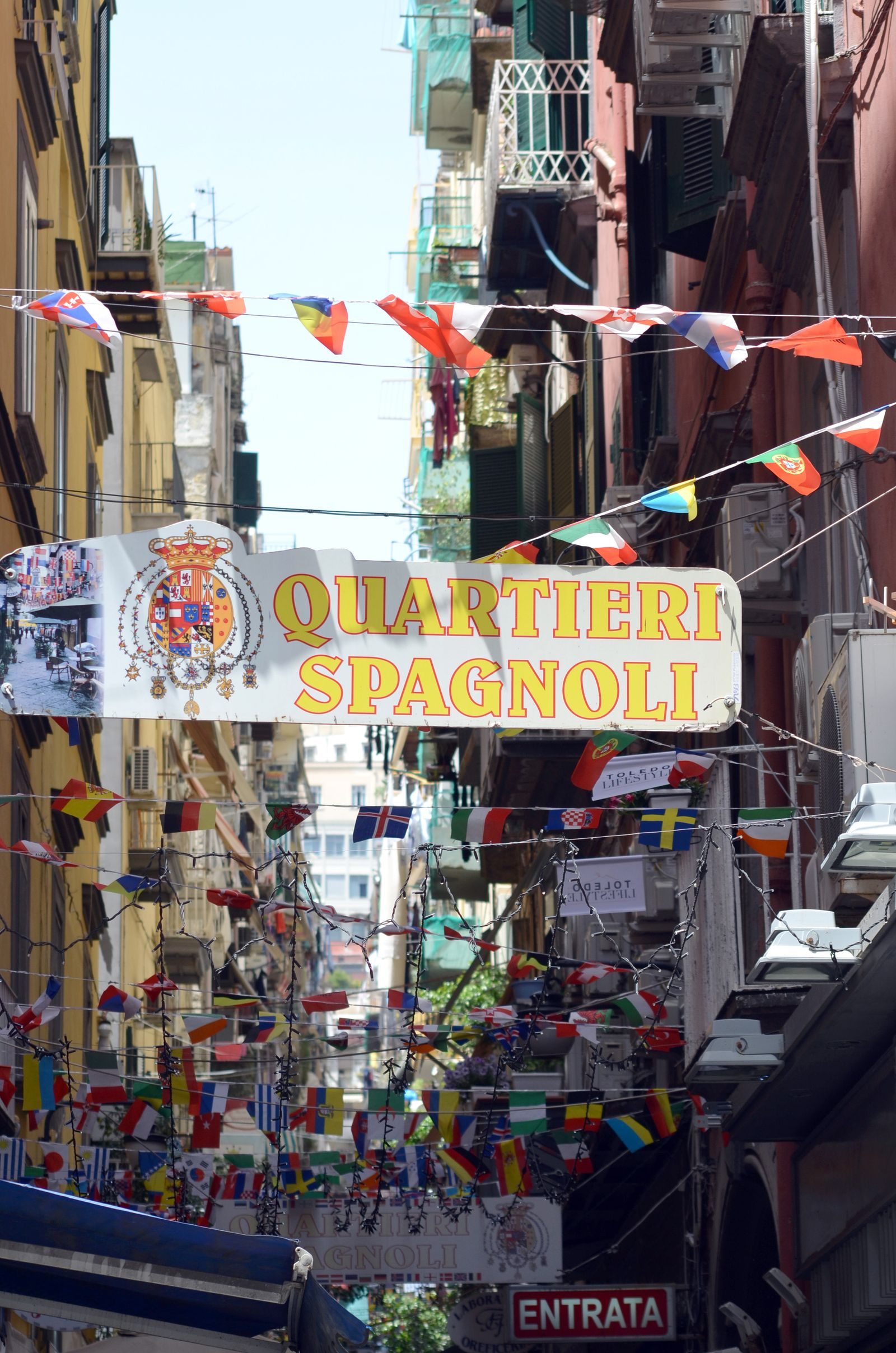 Flags strung across a lane in the Quartieri Spagnoli