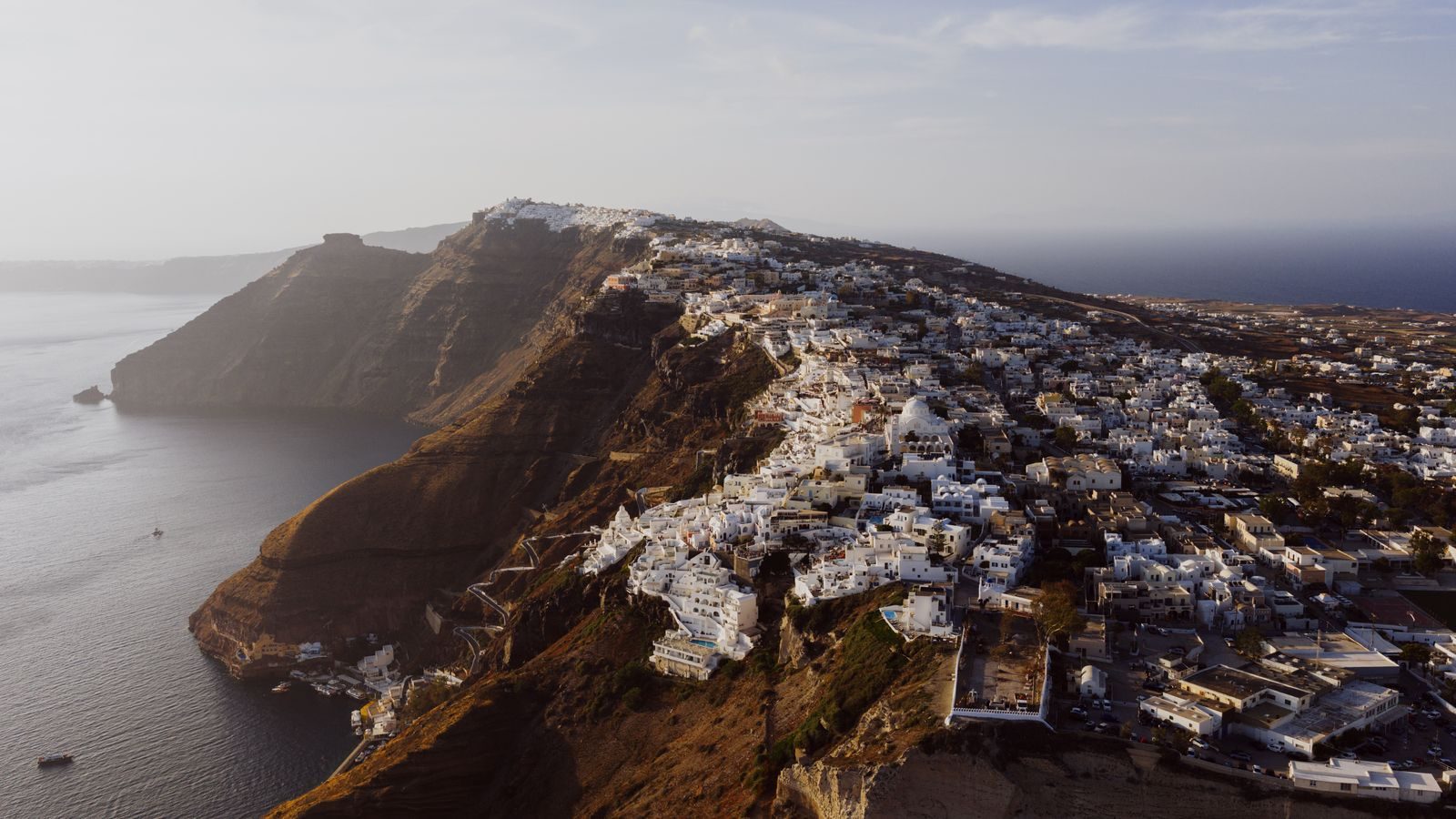 The clifftop town of Fira, Santorini, at sunset